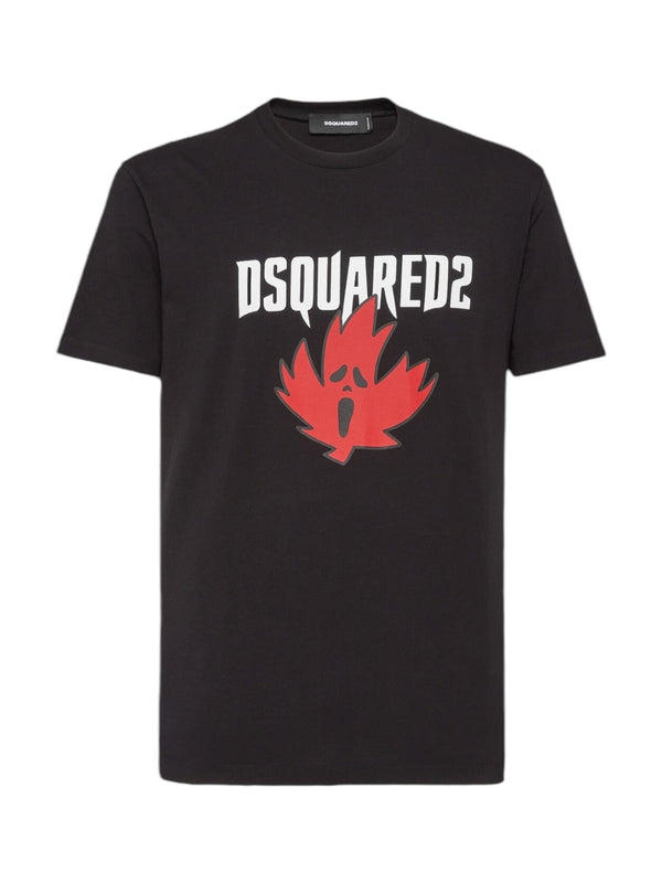 This cool fit tee, made from 100% cotton, showcases the bold "DSQUARED2" logo paired with a red maple leaf featuring a ghostly face design.