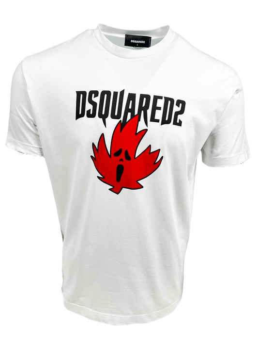 DSQUARED2 S74GD1307 COOL FIT TEE WHITE with the "DSQUARED2" logo in black and a large red maple leaf graphic below it, featuring a comfortable fit.
