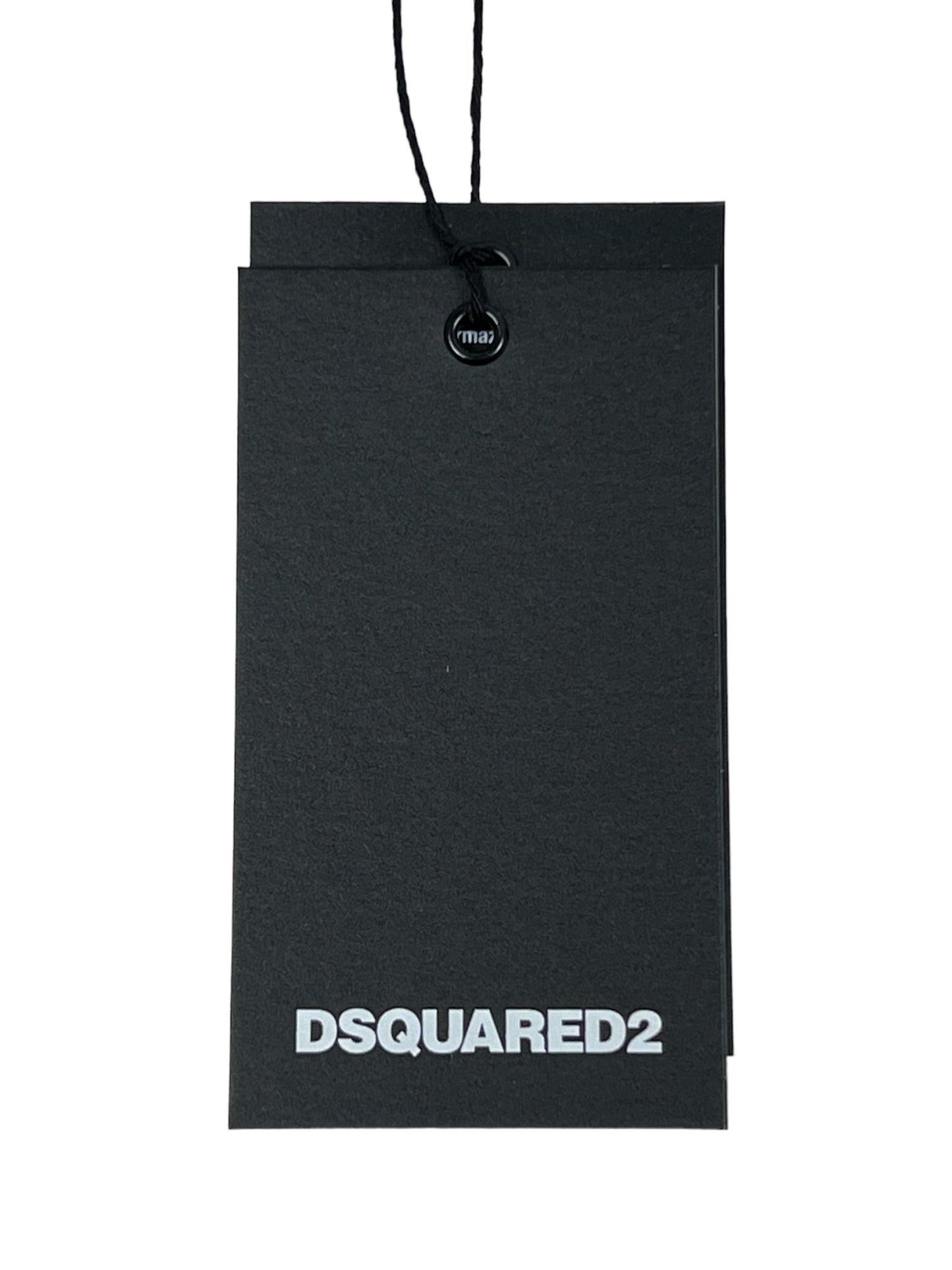 Black DSQUARED2 tag with a black string attached, perfect for pairing with your 100% cotton Dsquared2 S74Gd1316 Regular Fit Tee in black.