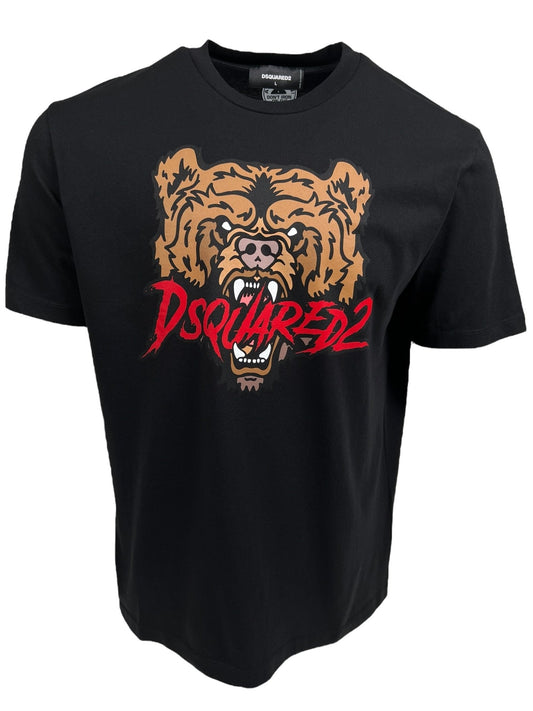 DSQUARED2 S74GD1316 REGULAR FIT TEE BLACK with a graphic of a snarling bear and the red text "Dsquared2" below it.