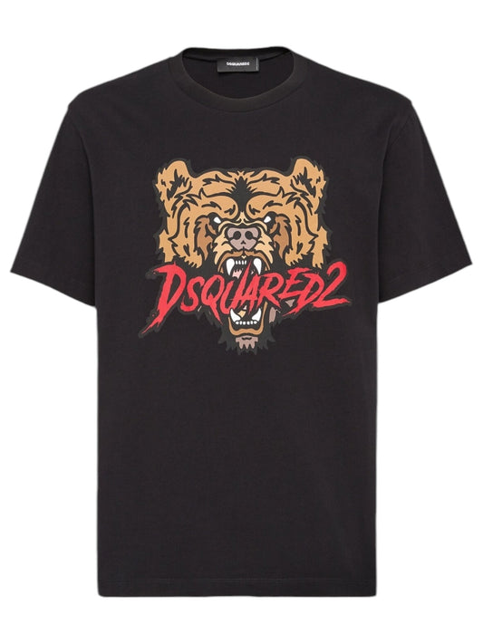 The Dsquared2 S74Gd1316 Regular Fit Tee in black, crafted in Portugal from 100% cotton, features a graphic of a roaring bear above the bold red "Dsquared2" text, blending comfort and style seamlessly.