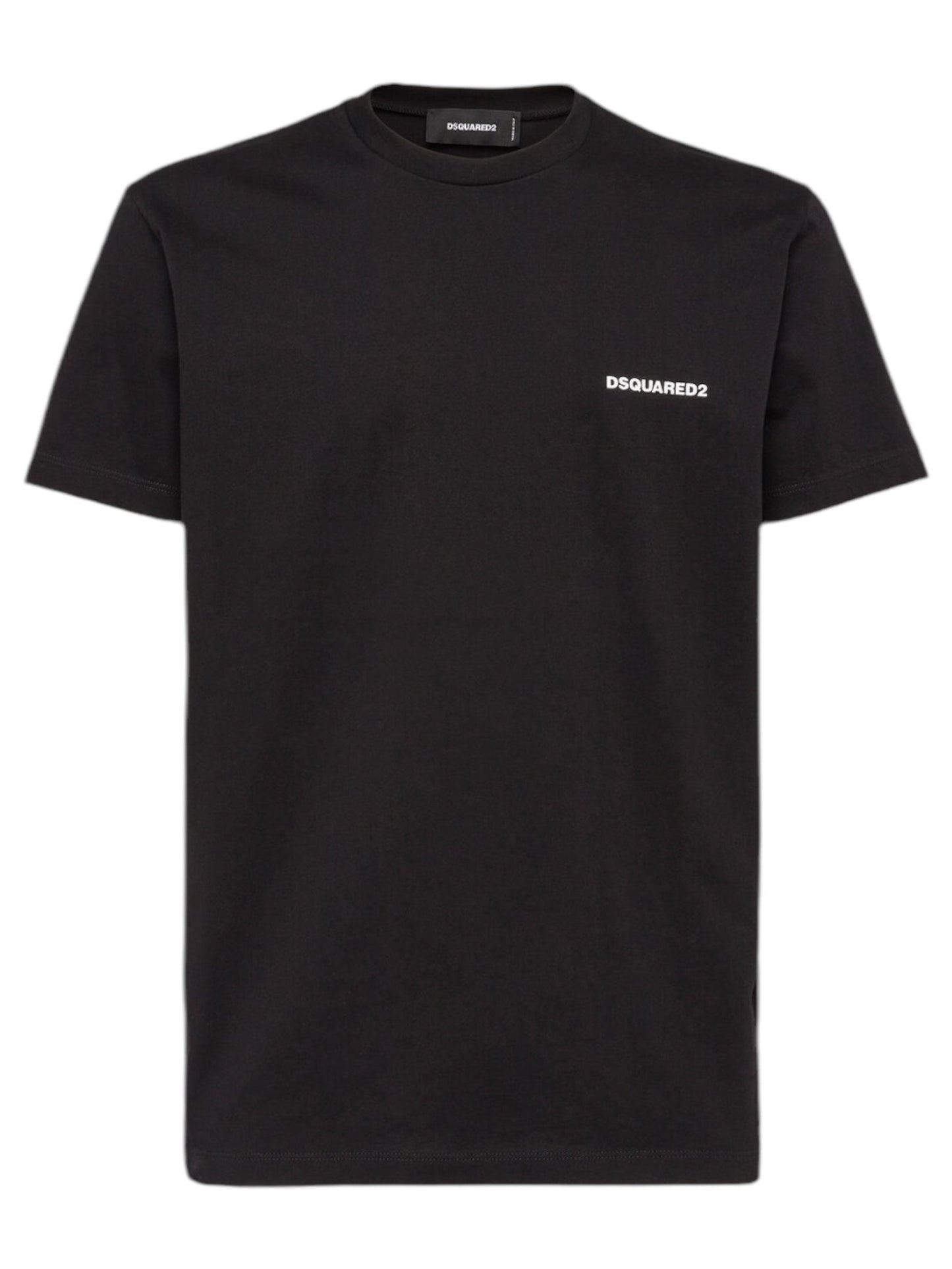 The Dsquared2 S74Gd1338 Cool Fit Tee in black from DSQUARED2 exemplifies sleek men's fashion with its minimalist design and a subtle white logo on the left chest.