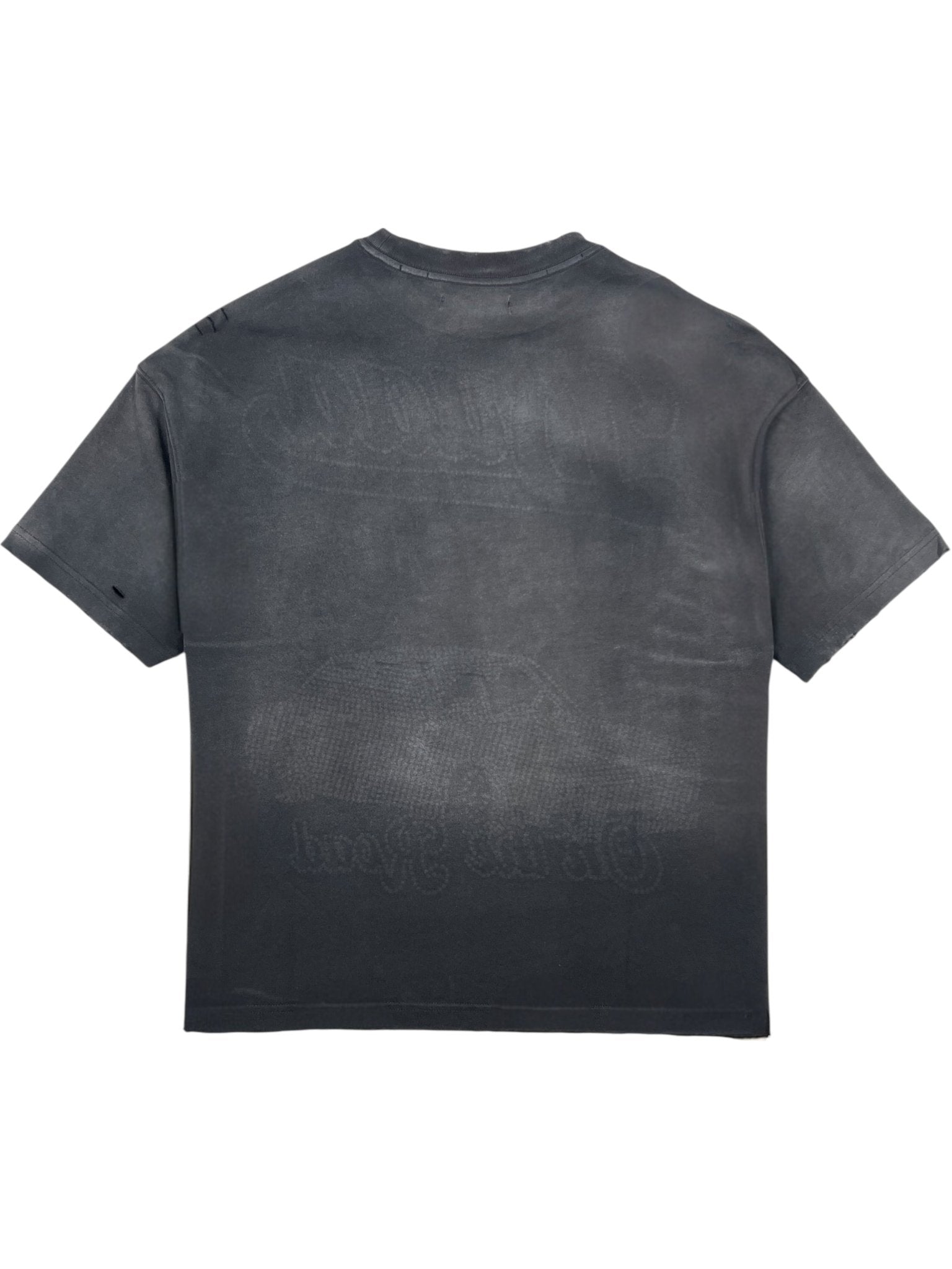 The DUAA Duaa Destination Blk Tee Shirt is a faded black graphic tee shown from the back, featuring subtle distressed details and faint, barely visible graphic designs.