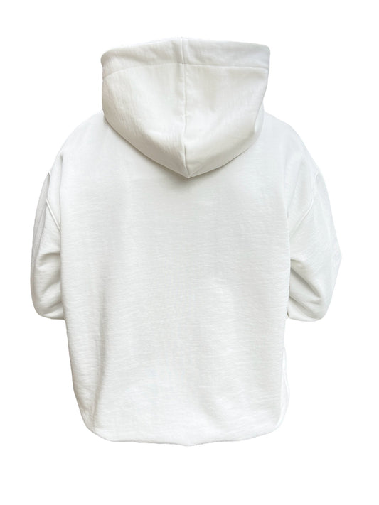 White FAMILY FIRST HS2402 HOODIE SYMBOL hoodie on a mannequin with the hood up, displayed against a plain black background.