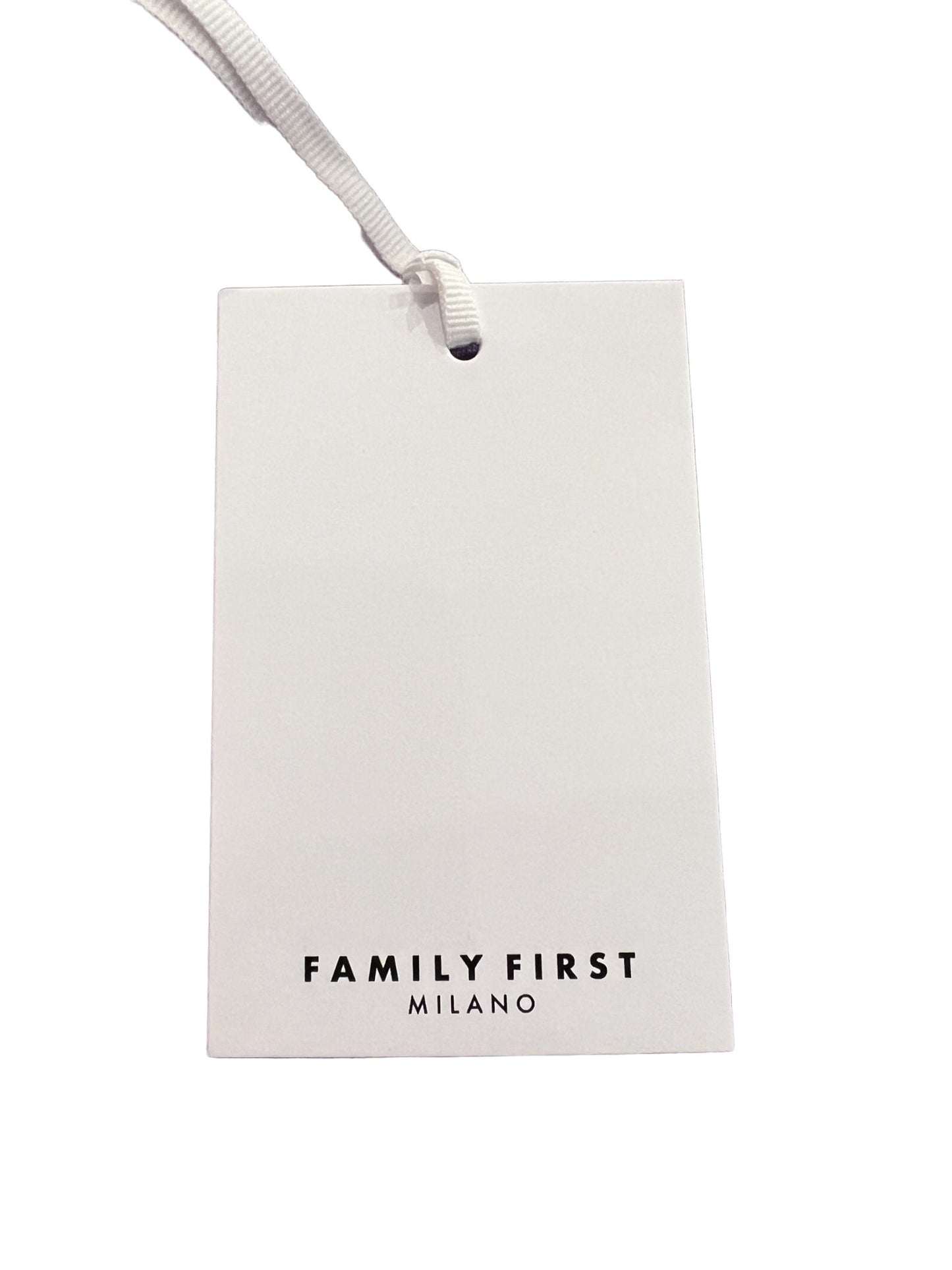 White tag with "FAMILY FIRST JOSS2403 JOGGER SHORT JACQUARD DB" printed in navy blue, suspended by a white string on a plain background.