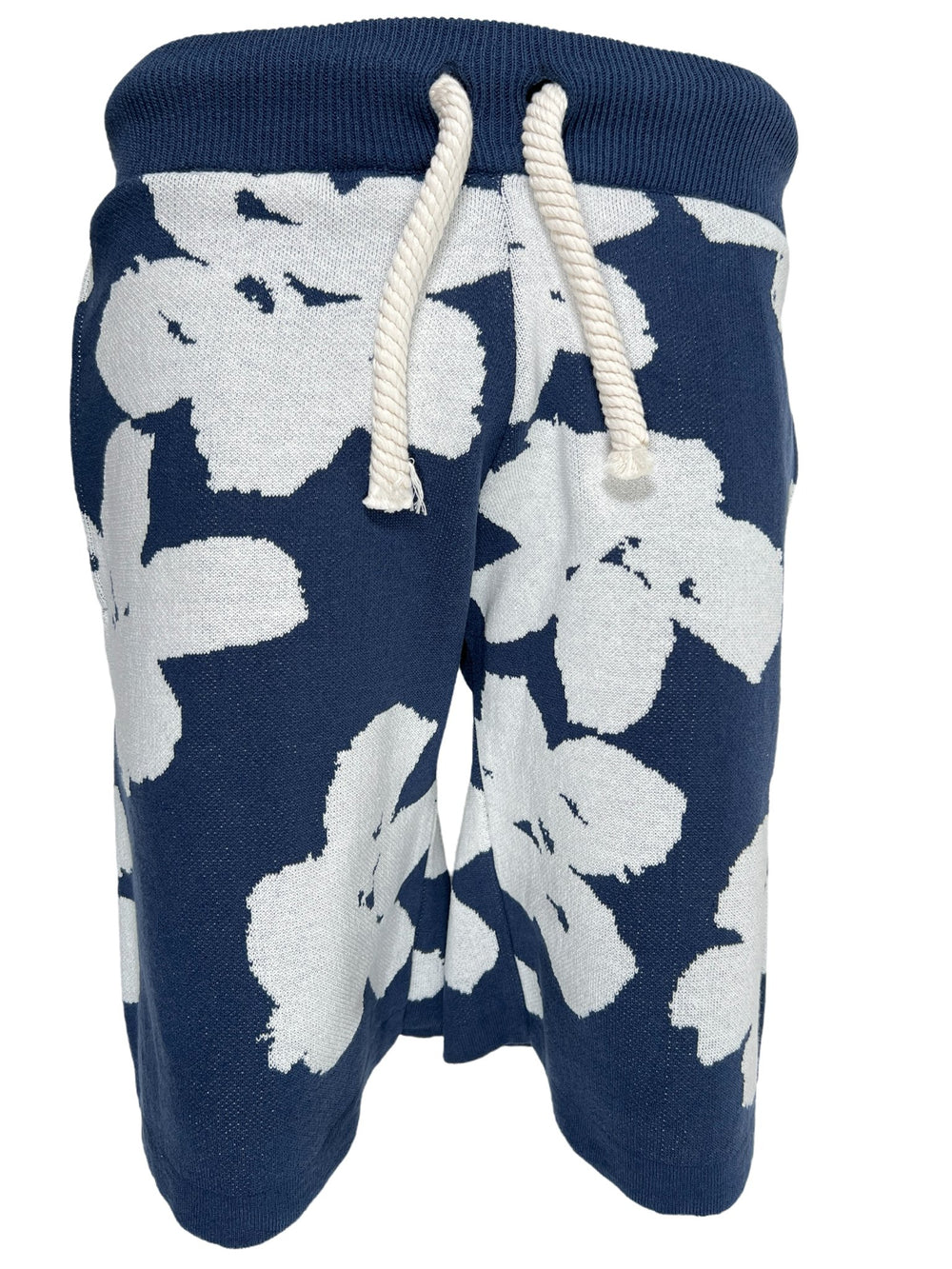 Navy blue and white floral print FAMILY FIRST JOSS2403 jogger shorts with drawstring waist. Made in Italy.