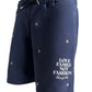 The FAMILY FIRST JOSS2503 Short Flower Dark Blue are navy blue cotton shorts featuring small flower embroidery and "LOVE FAMILY NOT FASHION Family First" text on the right leg—ideal for a relaxed, family-first style.