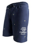 The FAMILY FIRST JOSS2503 Short Flower Dark Blue are navy blue cotton shorts featuring small flower embroidery and "LOVE FAMILY NOT FASHION Family First" text on the right leg—ideal for a relaxed, family-first style.