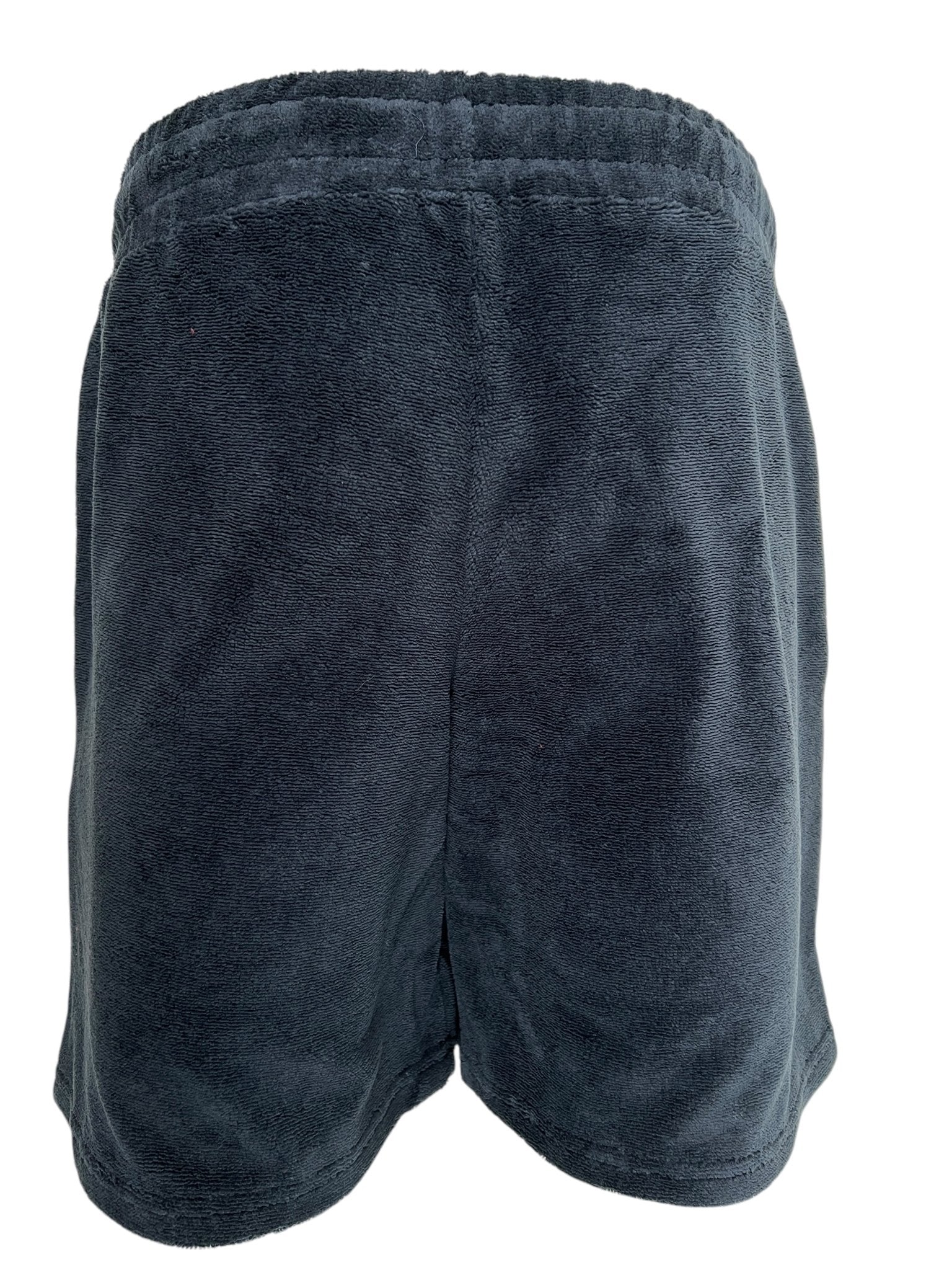 A pair of Family First JOSS2504 Jogger Short Track in dark blue fleece is displayed from the back on a plain white background, featuring an elastic waistband.