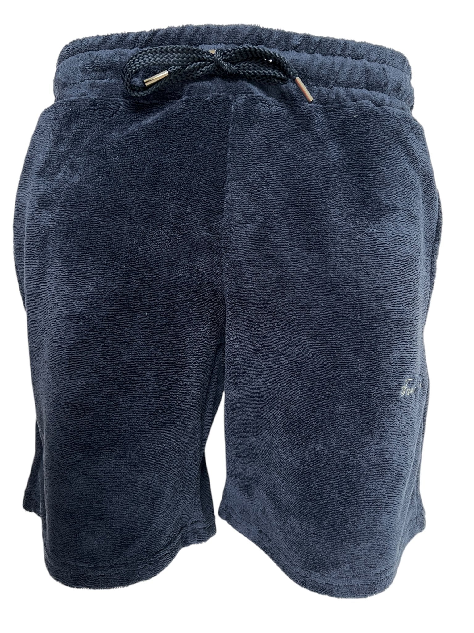 Family First JOSS2504 Jogger Short Track Dark Blue shorts by FAMILY FIRST, ideal for jogging with an elastic waistband and black drawstring, showcased on a white background.