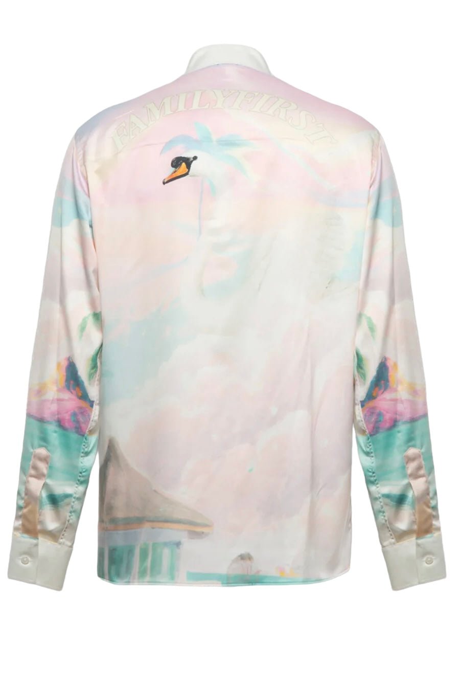 A long-sleeved FAMILY FIRST SHS2409 SHIRT DREAMS MC made in Italy, featuring a back design with a bird, abstract pastel colors, and the text "FAMILY FIRST" across the top.