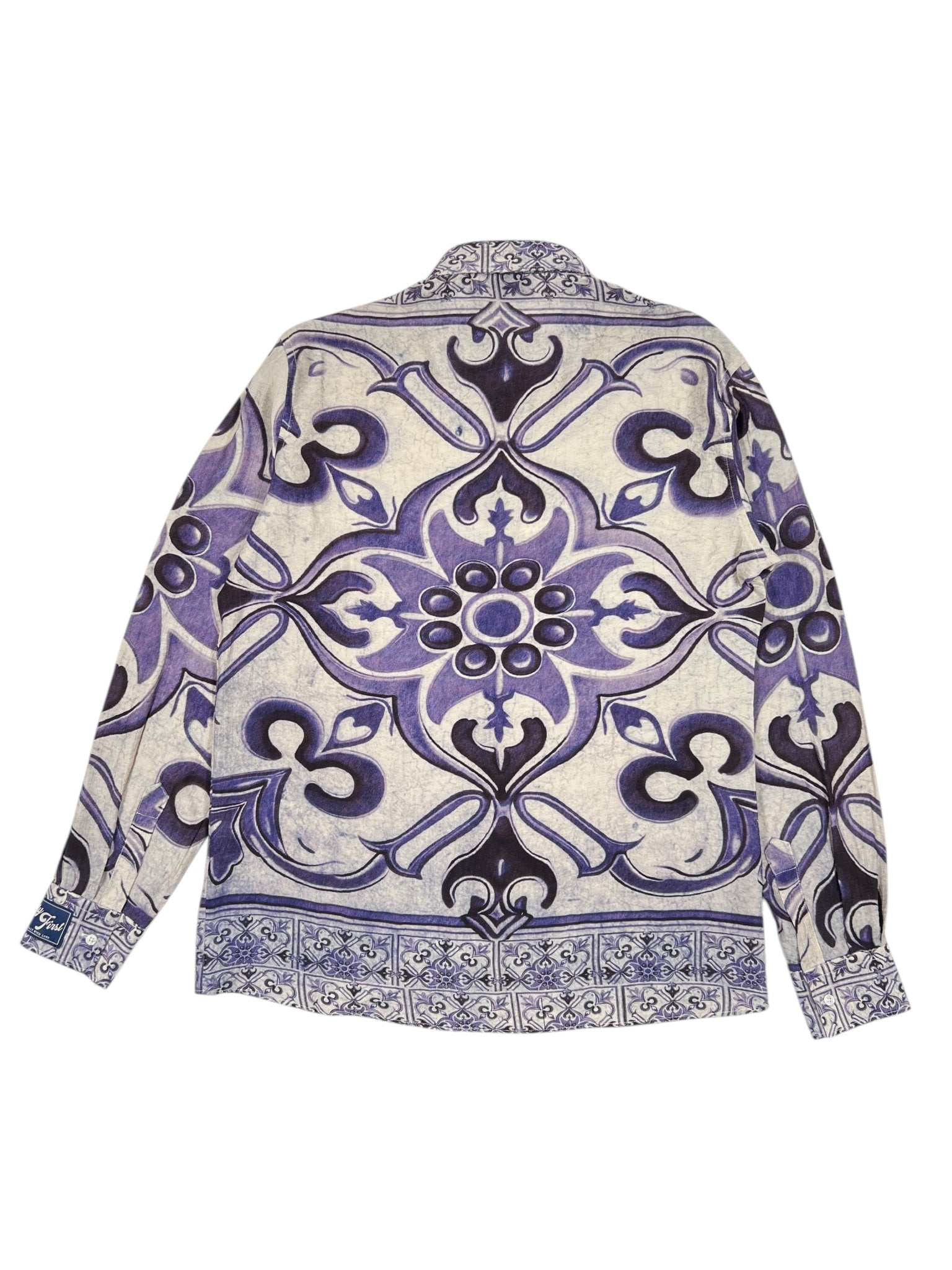 View the back of the Family First SHS2504 Shirt Amalfi Multicolor by FAMILY FIRST, a long-sleeve piece crafted from ramie featuring intricate blue and purple floral and geometric patterns on a white background.