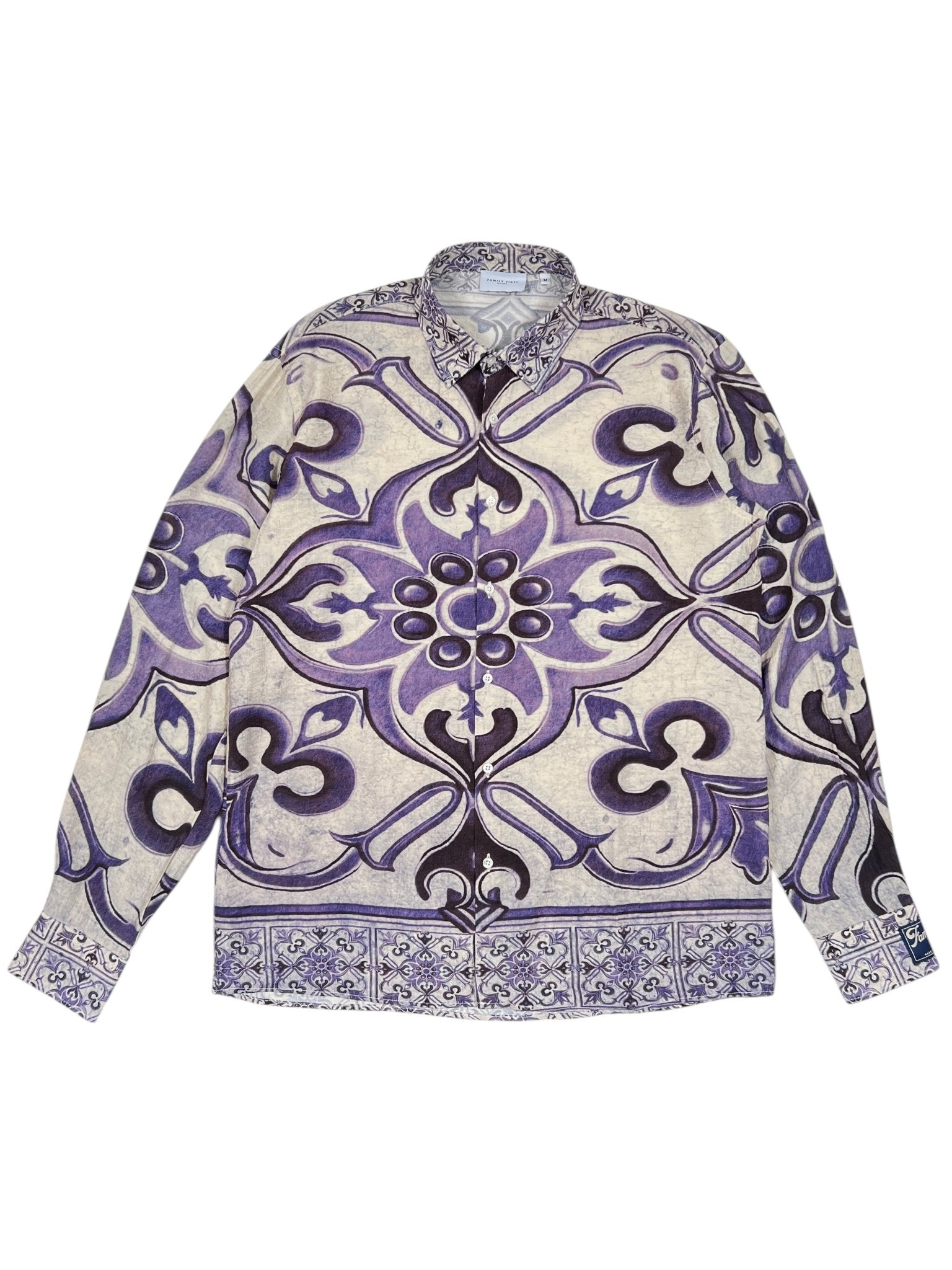 The Family First SHS2504 Shirt Amalfi Multicolor by FAMILY FIRST has a long-sleeved design with a purple and white floral pattern and button closure, made from lightweight ramie for comfort.