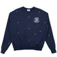 The Family First SS2502 Sweat Flower Dark Blue by FAMILY FIRST is a navy sweatshirt with "Love Family Not Fashion" and "Body of Care" text, embellished with small yellow stars and embroidered flowers.