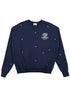 The Family First SS2502 Sweat Flower Dark Blue by FAMILY FIRST is a navy sweatshirt with "Love Family Not Fashion" and "Body of Care" text, embellished with small yellow stars and embroidered flowers.