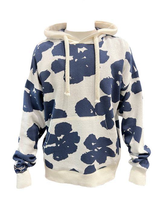 A FAMILY FIRST hooded sweatshirt featuring a cream and navy blue floral pattern print, displayed on a mannequin against a black background.