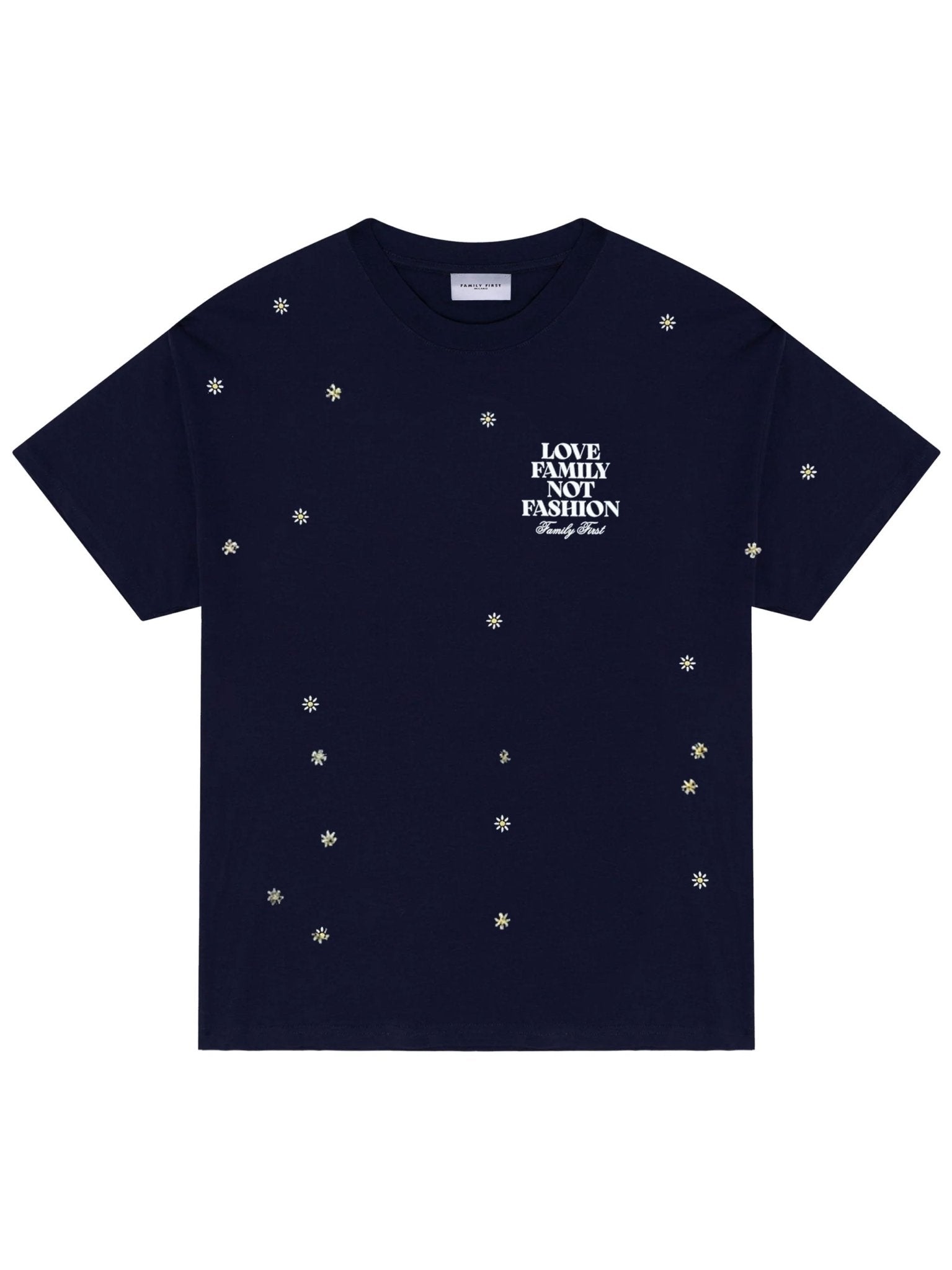 Dark blue Family First T2502DB T-shirt with small white floral patterns and the phrase "Love family not fashion simply that" in white text.
