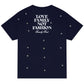 The Family First T2502DB T-shirt in dark blue features white text "Love Family Not Fashion" and "Family First," complemented by delicate snowflake motifs, offering a classic message with an elegant touch.