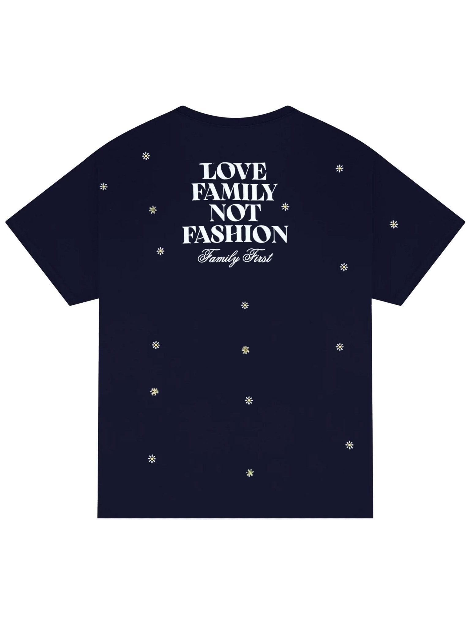 The Family First T2502DB T-shirt in dark blue features white text "Love Family Not Fashion" and "Family First," complemented by delicate snowflake motifs, offering a classic message with an elegant touch.