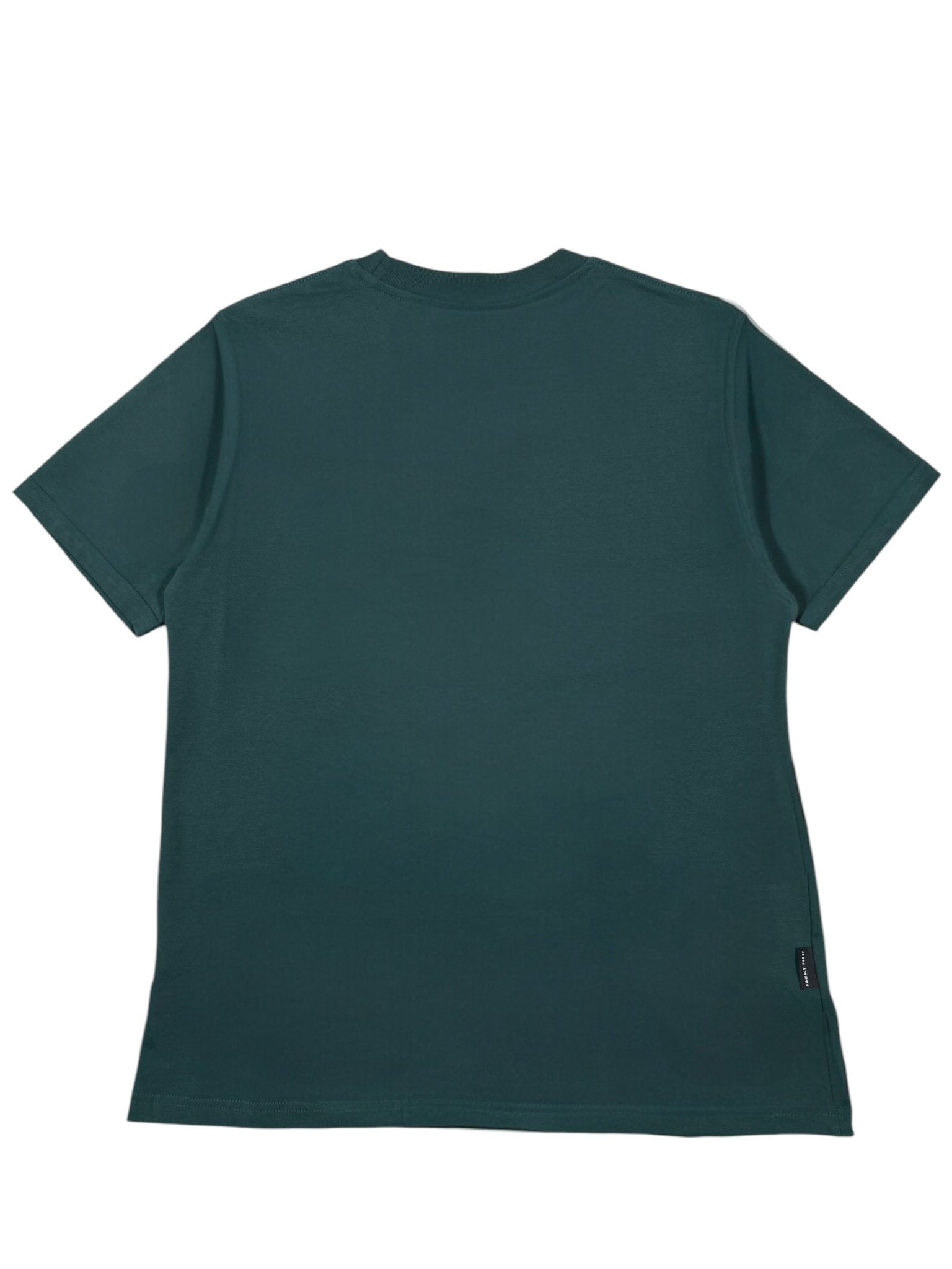 The Family First TF2409GR T-shirt Symbol Green showcases luxury and quality with its flat-lay design, green fabric, short sleeves, and side seam tag. FAMILY FIRST ensures comfortable style with this versatile piece.