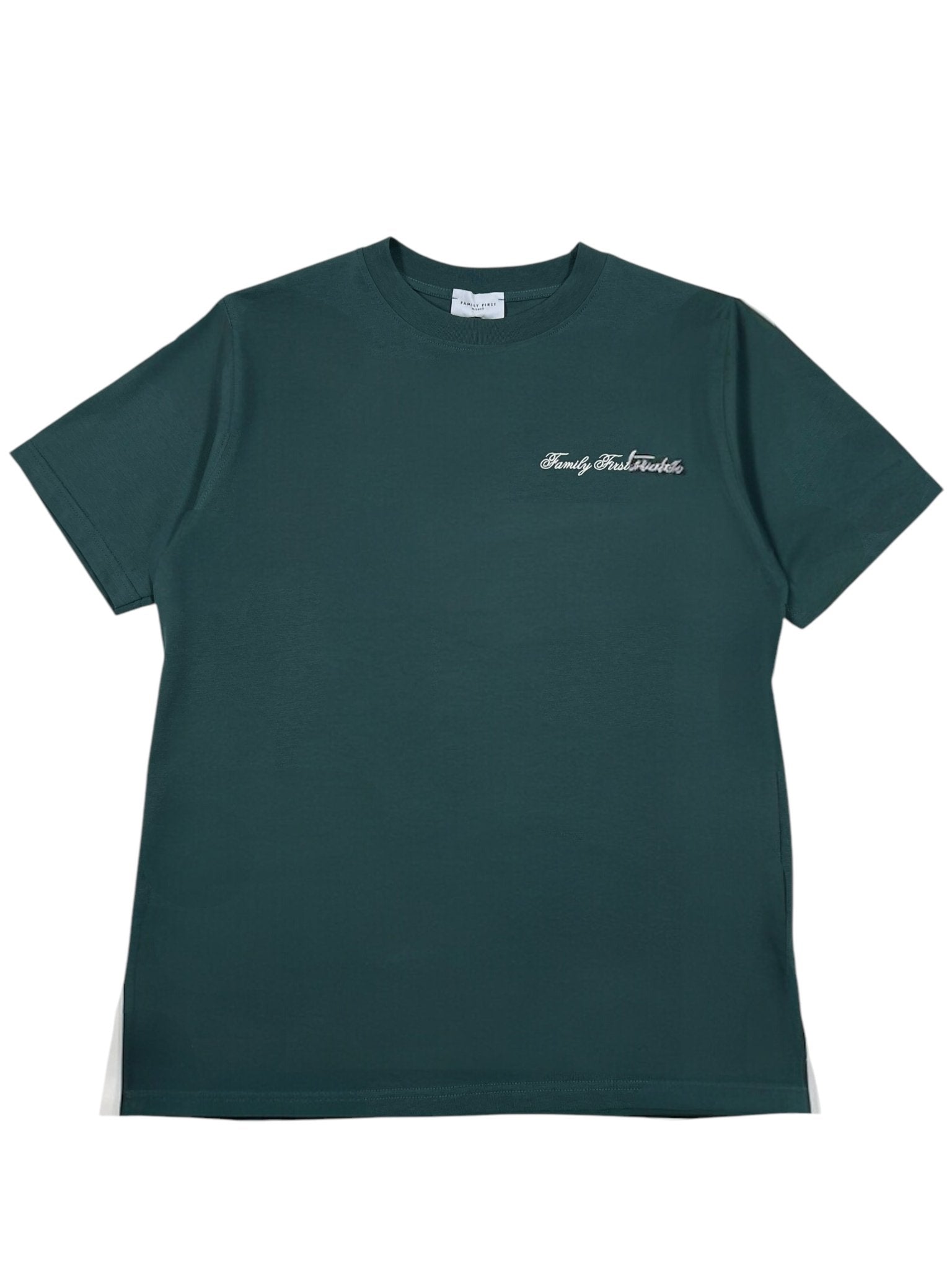 Elegant green Family First TF2409GR T-shirt with a white embroidered "Family Heirlooms" logo on the left chest.