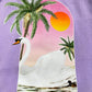 This digital print on the Family First TS2407 T-Shirt Swan Violet by FAMILY FIRST captures the essence of Italian elegance with an illustration of a swan on water, two palm trees, and a sunset in the background. The text "Family First" is featured below, reminiscent of premium cotton's smooth finish.