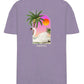 The Family First TS2407 T-Shirt Swan Violet, by FAMILY FIRST, is made from premium cotton and showcases a digital printed graphic of a beach scene with a swan, palm trees, and a pink-orange sunset. The words "Family First" are elegantly displayed below the image.
