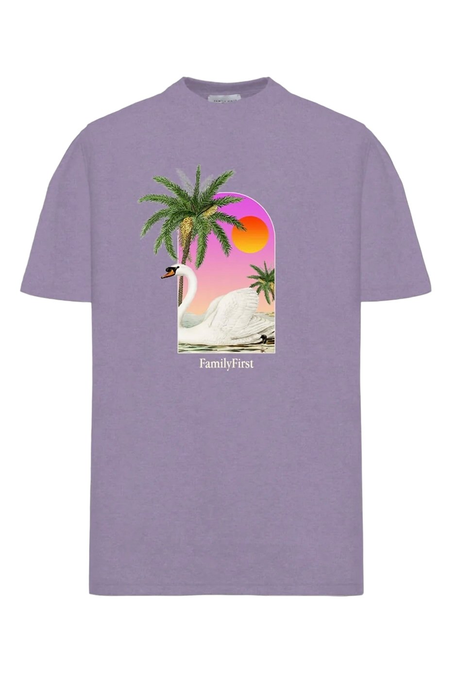 The Family First TS2407 T-Shirt Swan Violet, by FAMILY FIRST, is made from premium cotton and showcases a digital printed graphic of a beach scene with a swan, palm trees, and a pink-orange sunset. The words "Family First" are elegantly displayed below the image.