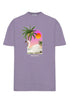 The Family First TS2407 T-Shirt Swan Violet, by FAMILY FIRST, is made from premium cotton and showcases a digital printed graphic of a beach scene with a swan, palm trees, and a pink-orange sunset. The words "Family First" are elegantly displayed below the image.