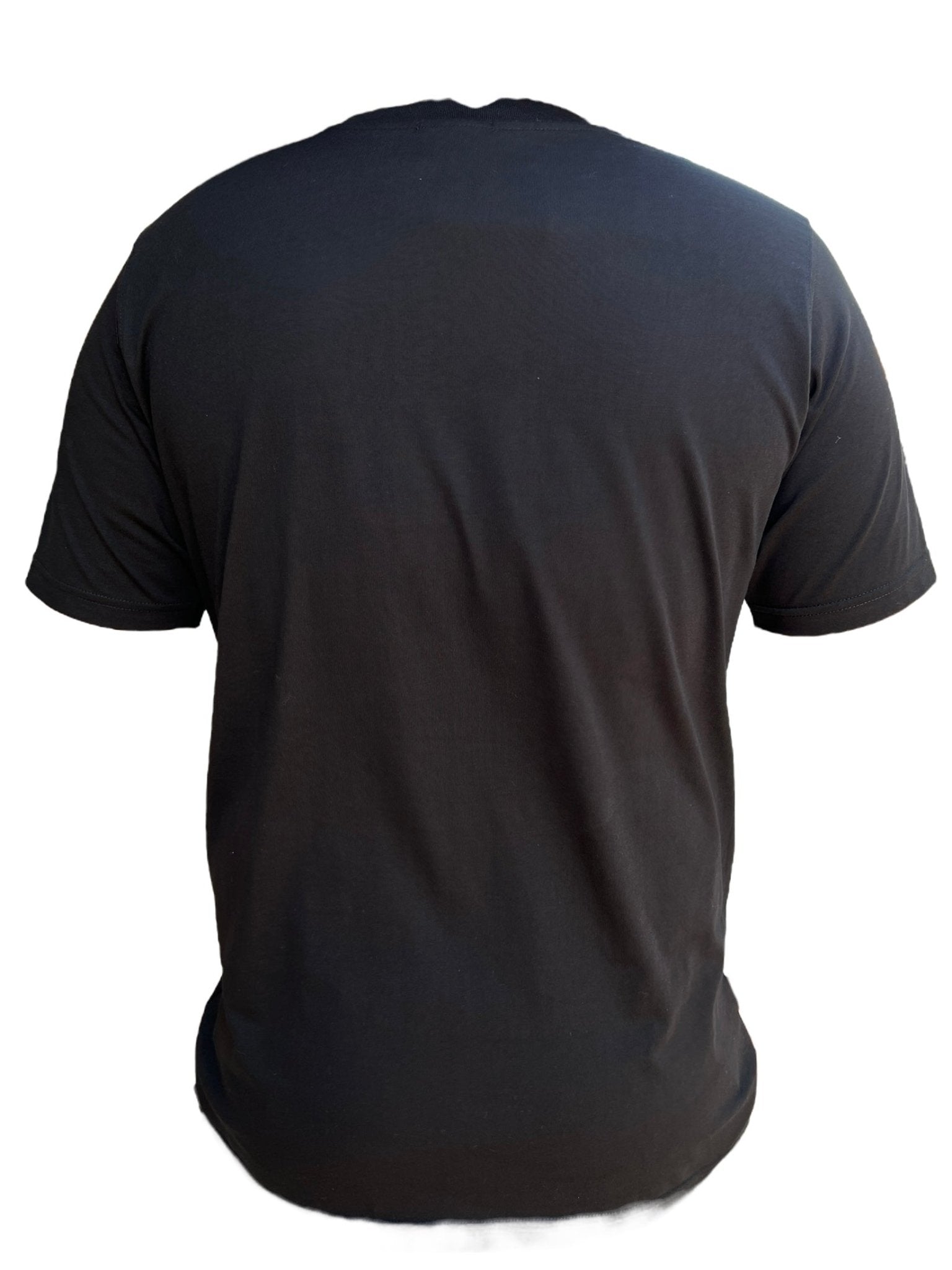 A person wearing a Family First TS2416 T-Shirt College Black, crafted from 100% cotton, seen from the back.