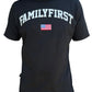 The Family First TS2416 T-Shirt College Black by FAMILY FIRST is made from 100% cotton and prominently displays "Family First" in large white letters above a small American flag emblem.