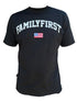 The Family First TS2416 T-Shirt College Black by FAMILY FIRST is made from 100% cotton and prominently displays "Family First" in large white letters above a small American flag emblem.
