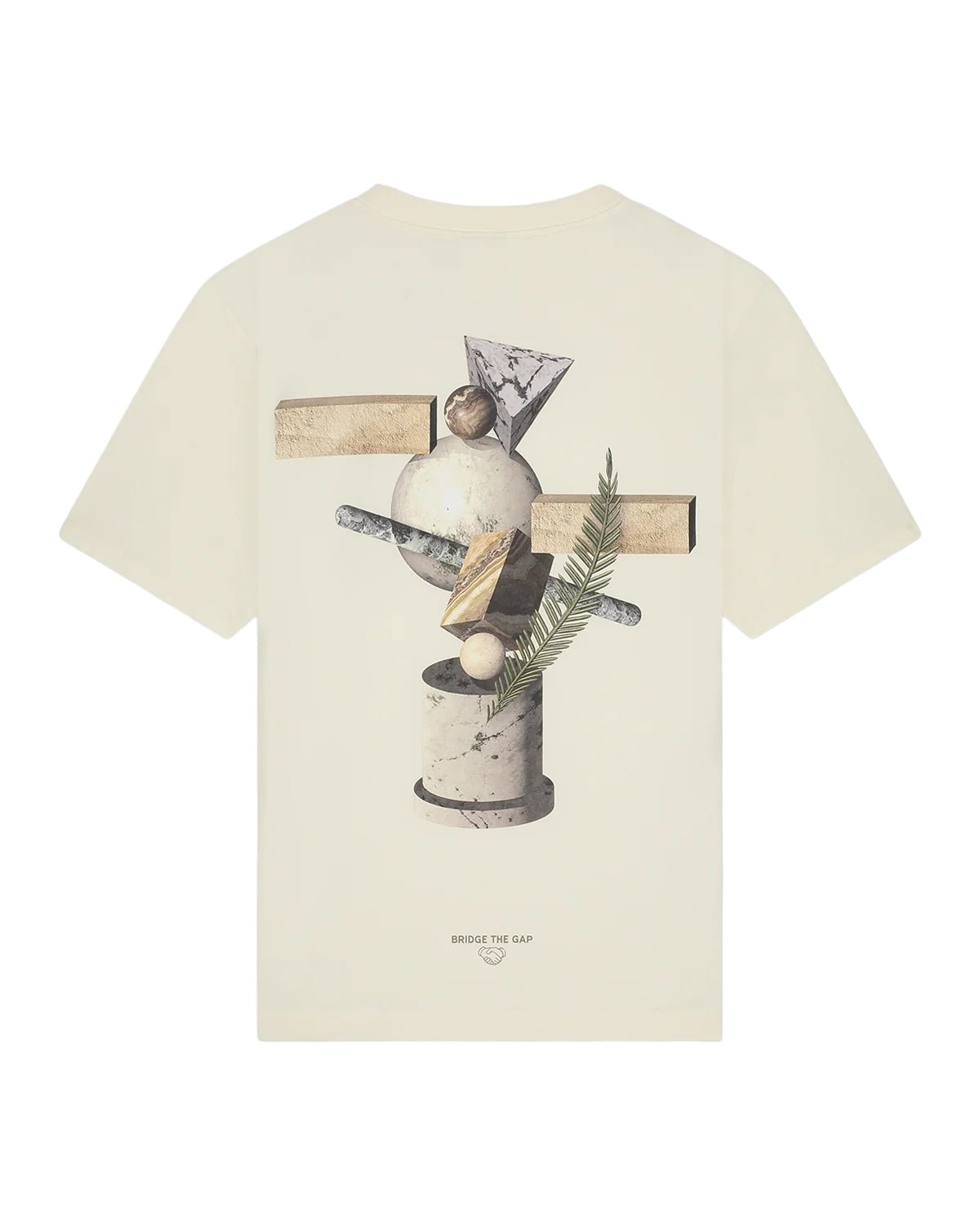 The FILLING PIECES BALANCE ANTIQUE WHITE T-SHIRT, made from 100% organic cotton, features an abstract geometric design on the back with a seasonal backprint. Small text near the hem reads "BRIDGE THE GAP.