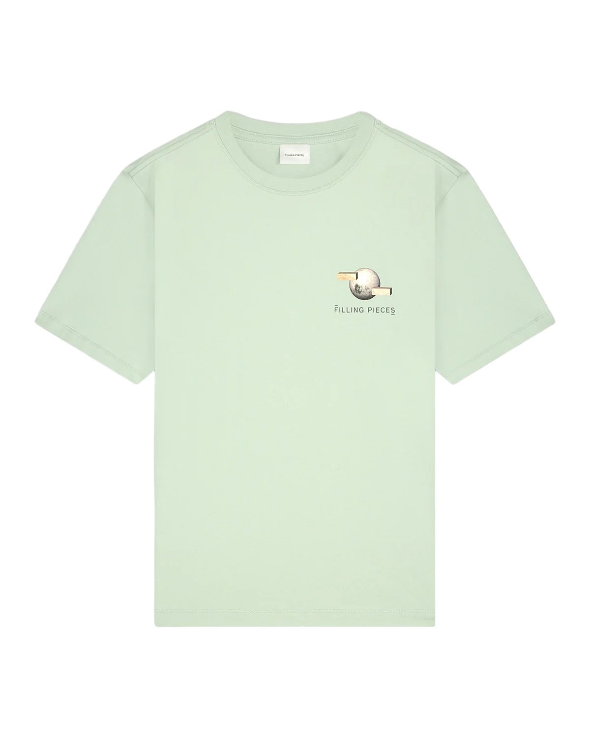 A FILLING PIECES BALANCE Frosty Green T-Shirt made from organic cotton, featuring a small graphic of a sloth lounging on a branch and the text "Filling Pieces" on the left chest area.