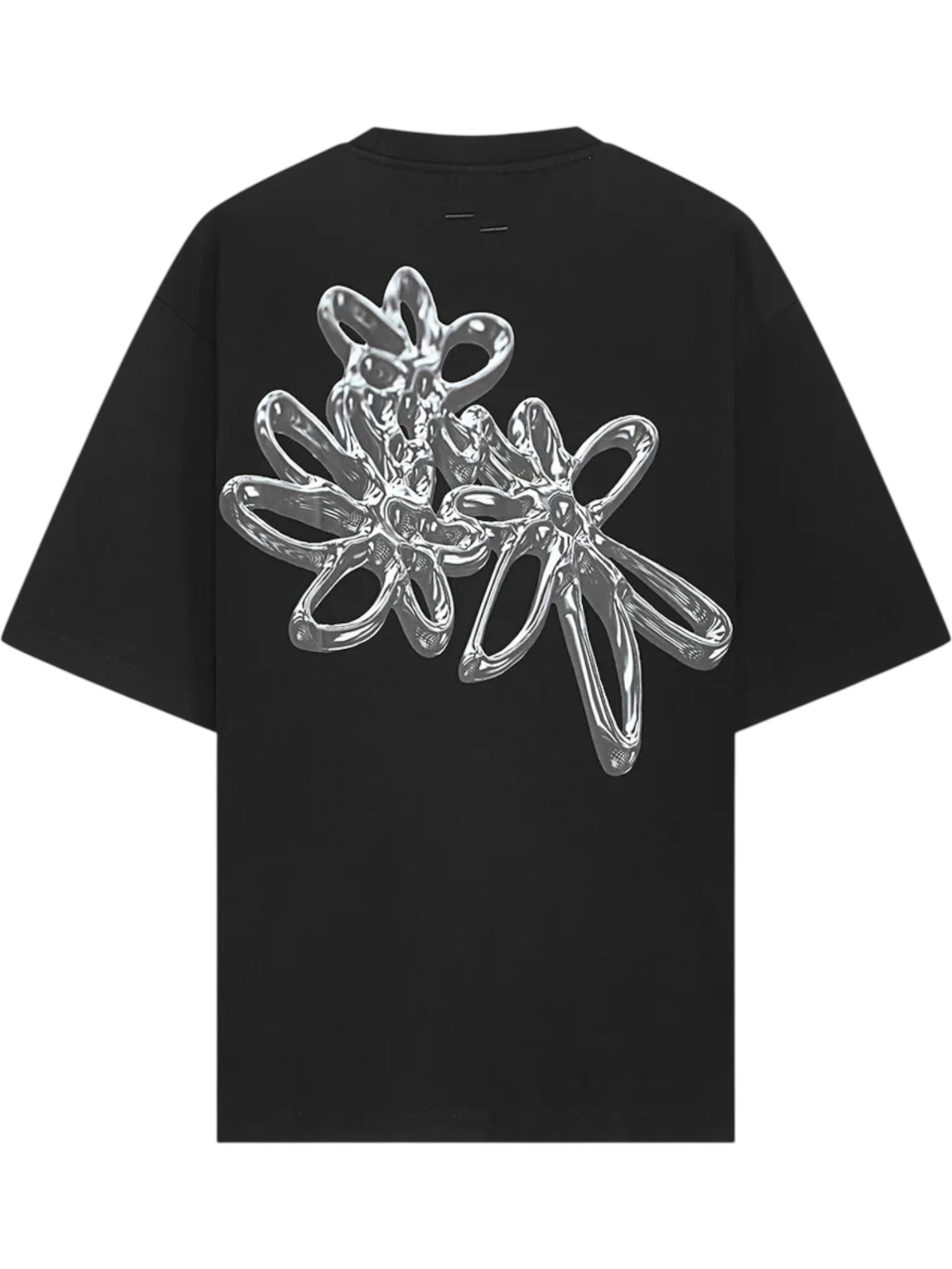 The Filling Pieces Chrome Flower T-shirt Black by FILLING PIECES features a bold silver floral print on the back and is crafted from soft organic cotton for comfort and striking style.