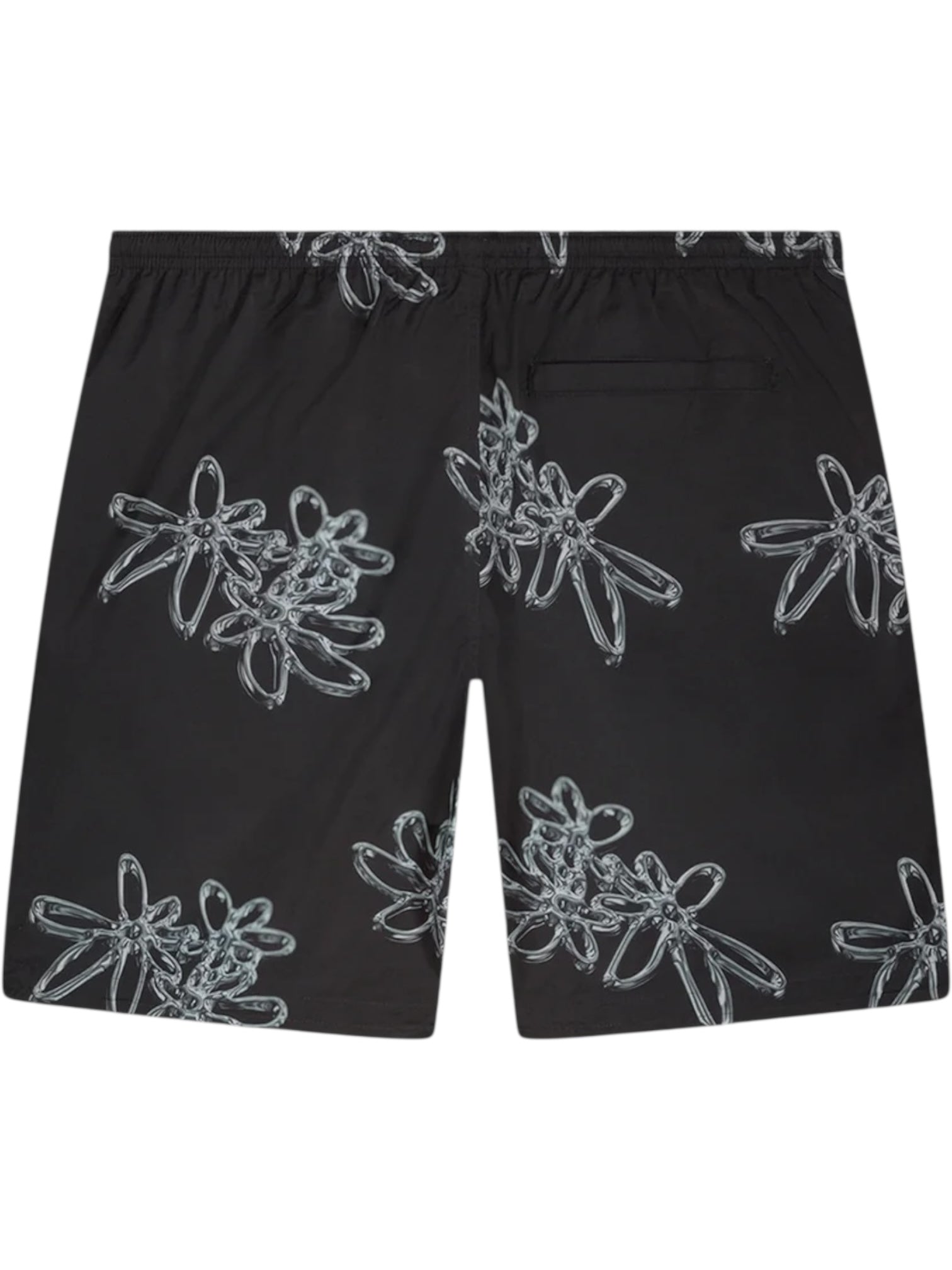 The Filling Pieces Chrome Swimshorts Black by FILLING PIECES feature a chrome flower print, white outlined designs, elastic waistband, single back pocket, and fast-dry effect—ideal for stylish swimwear.