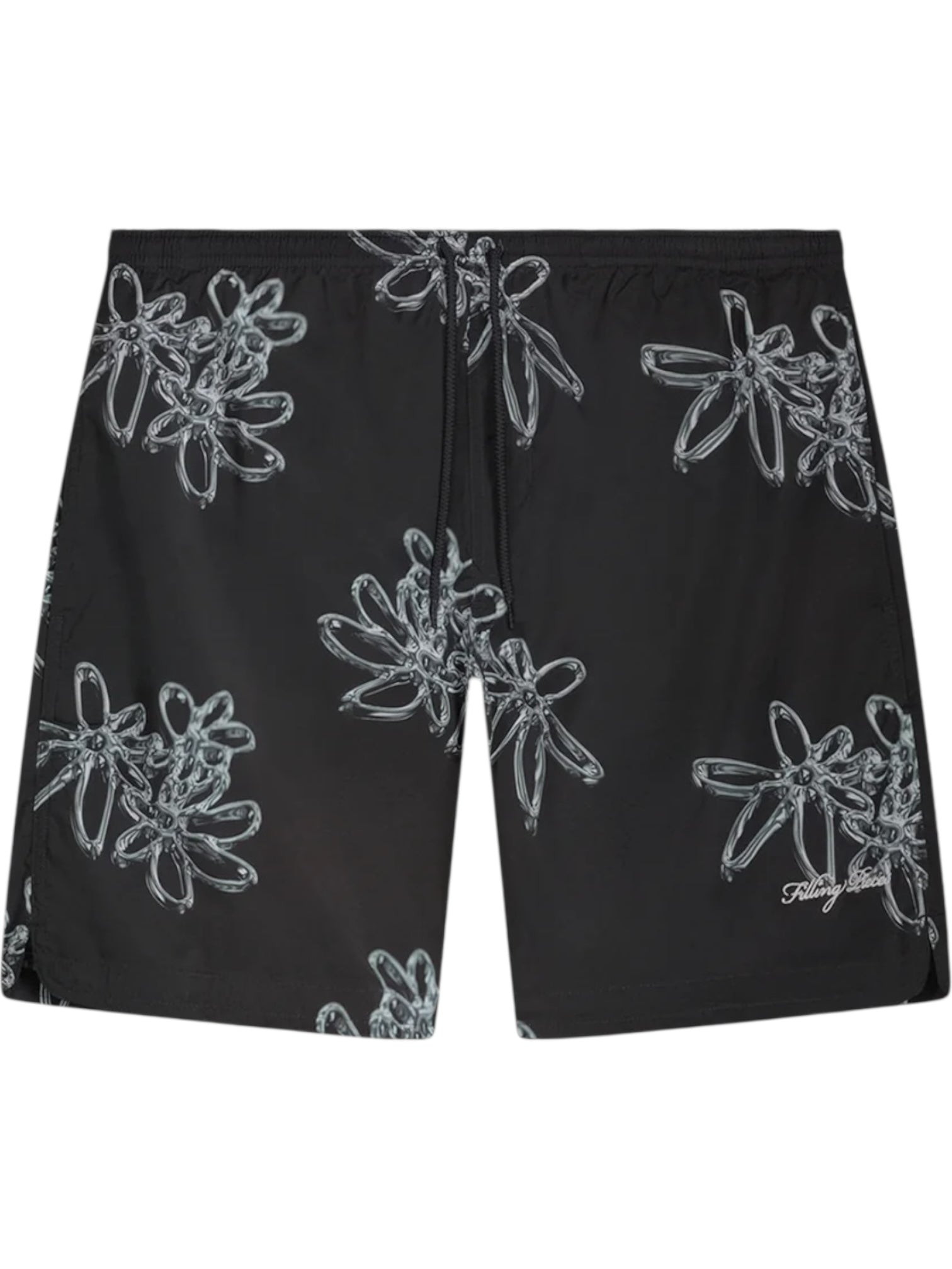 The Filling Pieces Chrome Swimshorts Black by FILLING PIECES feature a chrome flower print, drawstring waistband, fast-dry swimwear fabric, and subtle branding on the lower left leg.