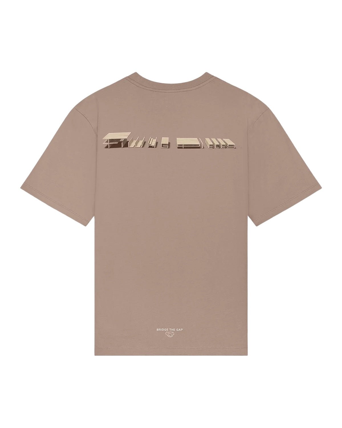 The FILLING PIECES CONSTRUCT FOSSIL T-SHIRT by FILLING PIECES is a beige short-sleeve t-shirt made from 100% organic cotton, featuring a geometric design across the upper back and small text "ENJOY THE DAY" near the bottom.