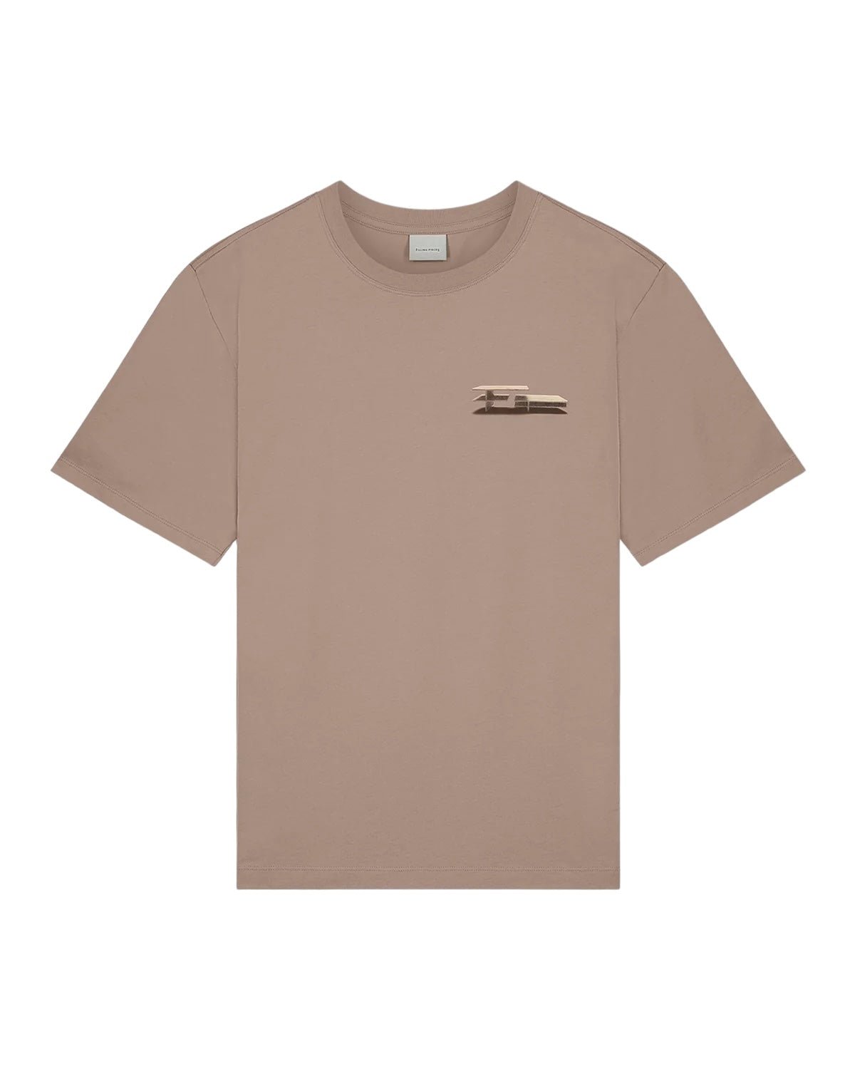 The FILLING PIECES CONSTRUCT FOSSIL T-SHIRT by FILLING PIECES is a beige short-sleeve shirt made from 100% organic cotton, featuring a small, abstract logo on the left chest area.