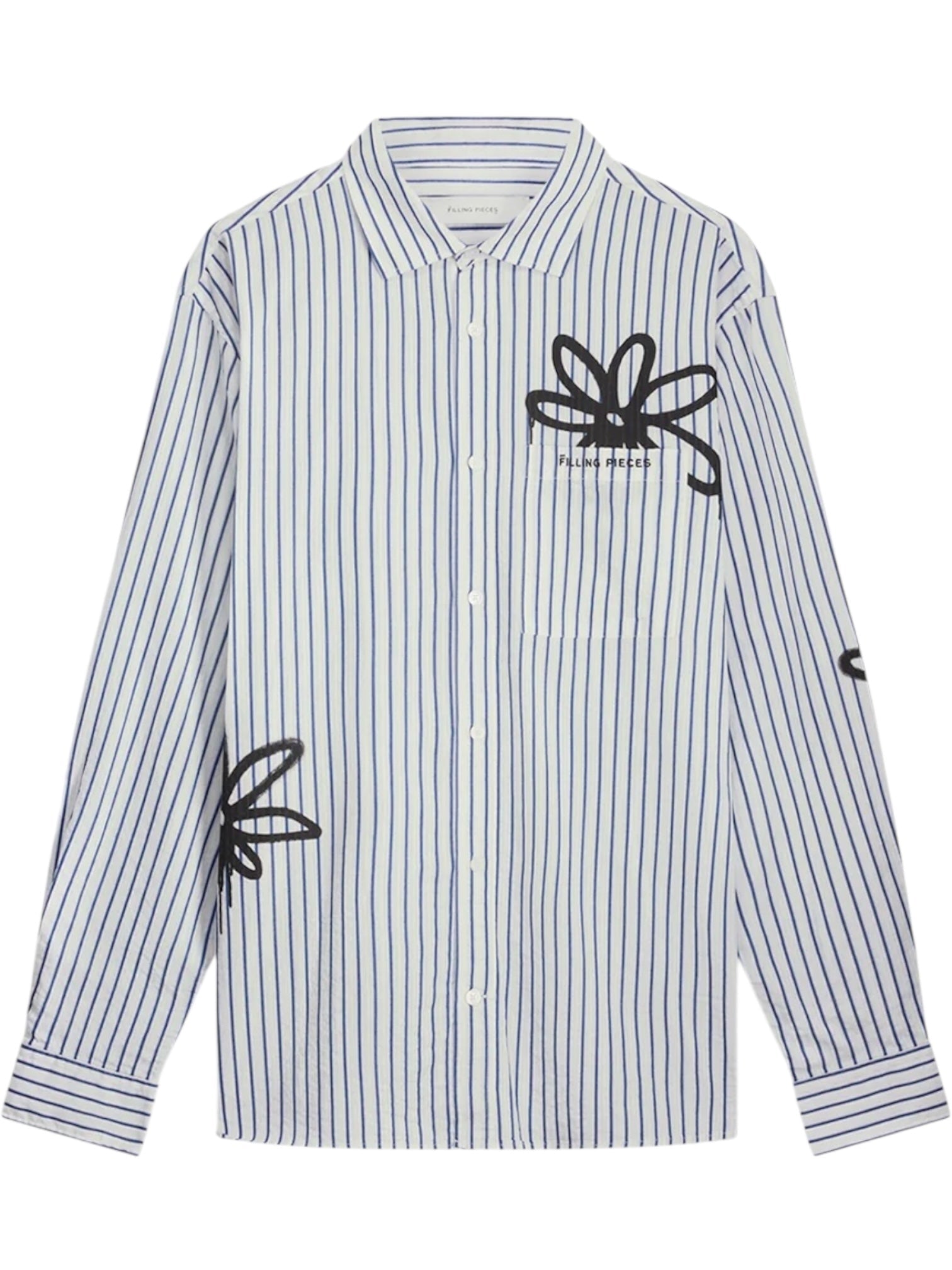 The FILLING PIECES Dress Shirt Flowers Antique White features blue vertical stripes and black abstract floral designs, blending modern style with subtle monogram detail for a distinctive look.