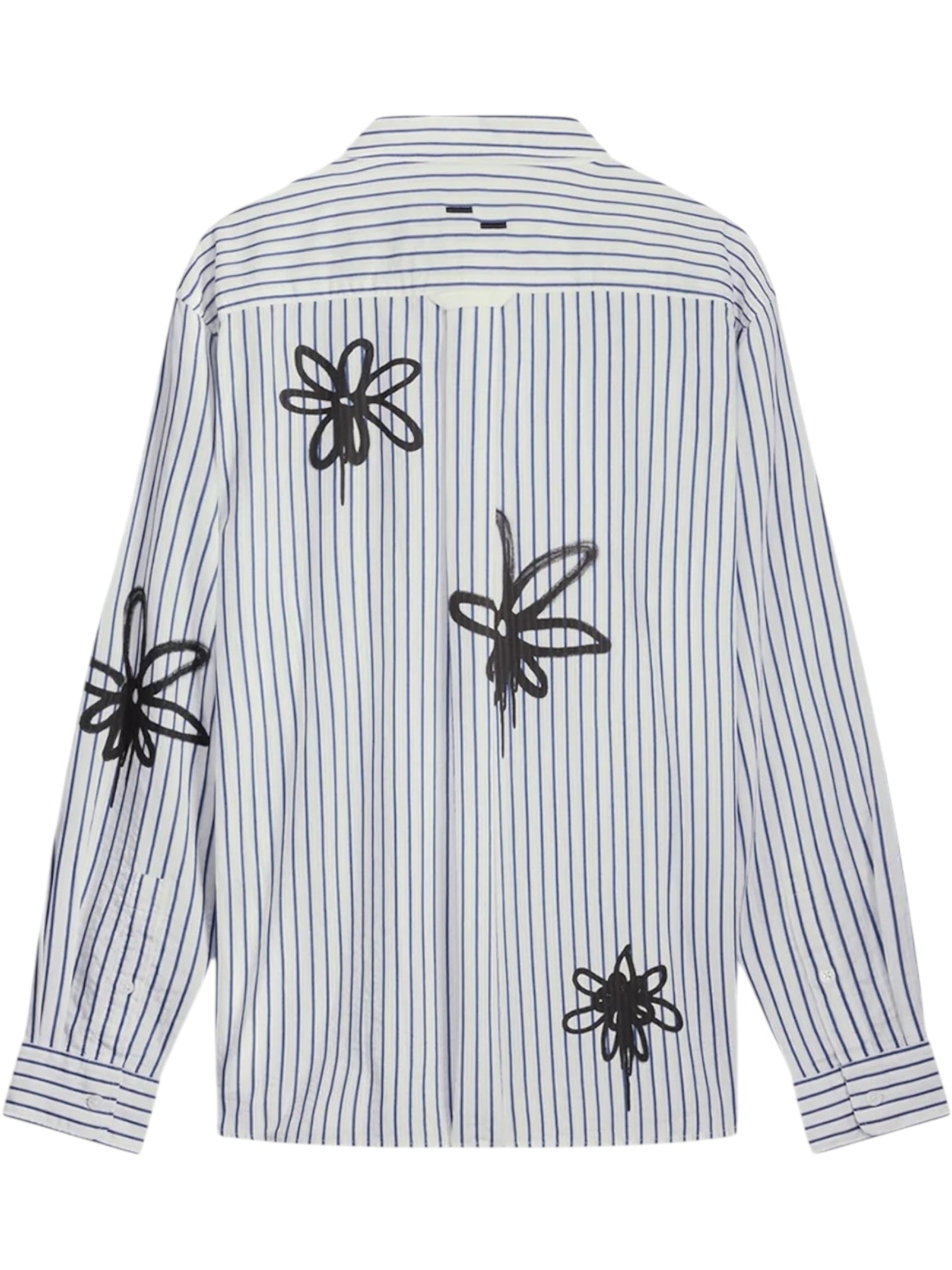 The Filling Pieces Dress Shirt Flowers Antique White by FILLING PIECES features long sleeves, blue vertical stripes, and black abstract floral monogram designs on the back.