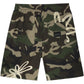 The FILLING PIECES Flower Shorts Camo feature a green and brown camouflage pattern, white abstract flower designs, and two back pockets.