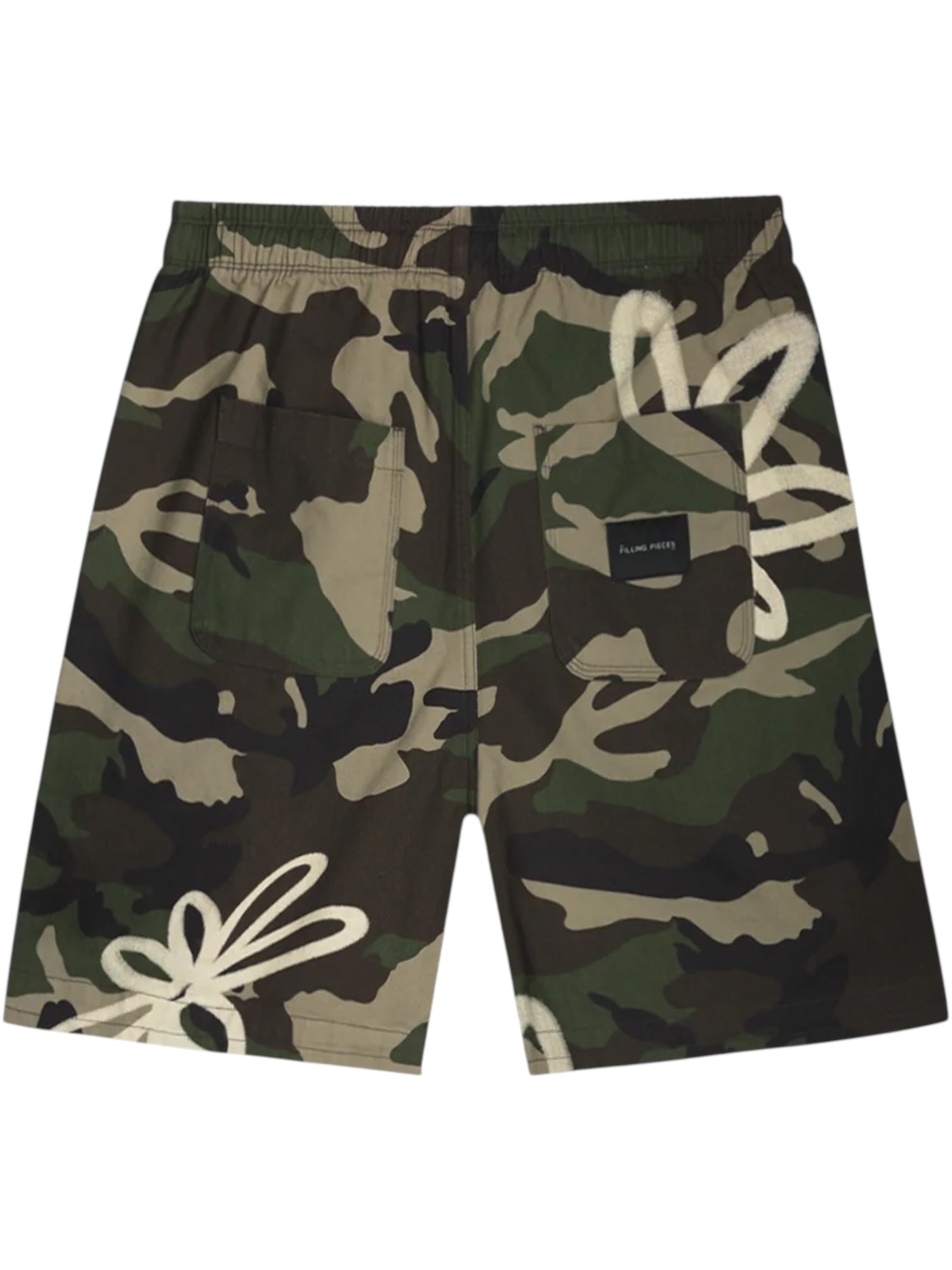 The FILLING PIECES Flower Shorts Camo feature a green and brown camouflage pattern, white abstract flower designs, and two back pockets.