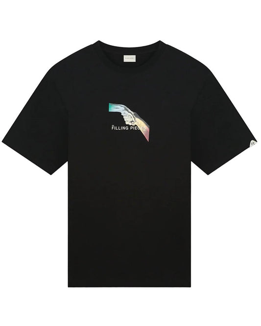 FILLING PIECES GRADIENT HANDSHAKE T-SHIRT BLACK made from organic cotton with a colorful geometric logo design on the chest.