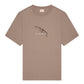 The FILLING PIECES HANDSHAKE FOSSIL T-SHIRT is a tan short-sleeve organic cotton T-shirt that features a printed design and the text "Filling Pieces" on the front, along with an FP handshake backprint.