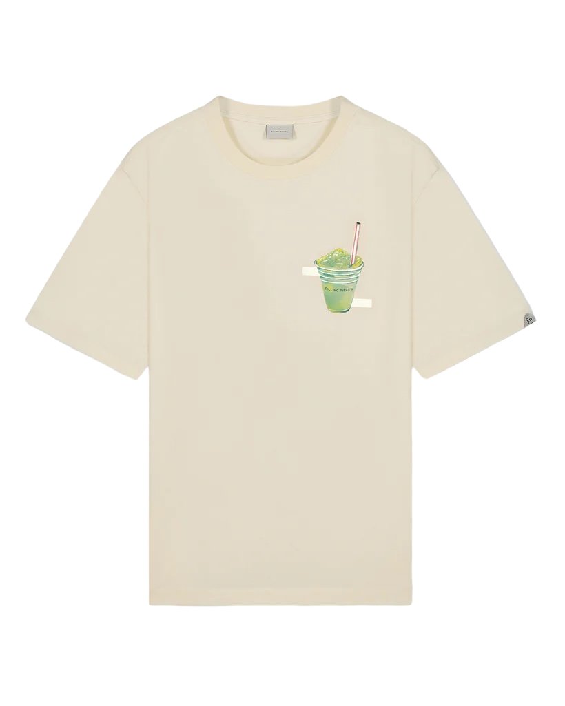 A FILLING PIECES ICE VENDOR ANTIQUE WHITE T-SHIRT made from organic cotton, featuring a graphic of a green shaved ice dessert in a cup, complete with a spoon and straw, centered on the chest area.