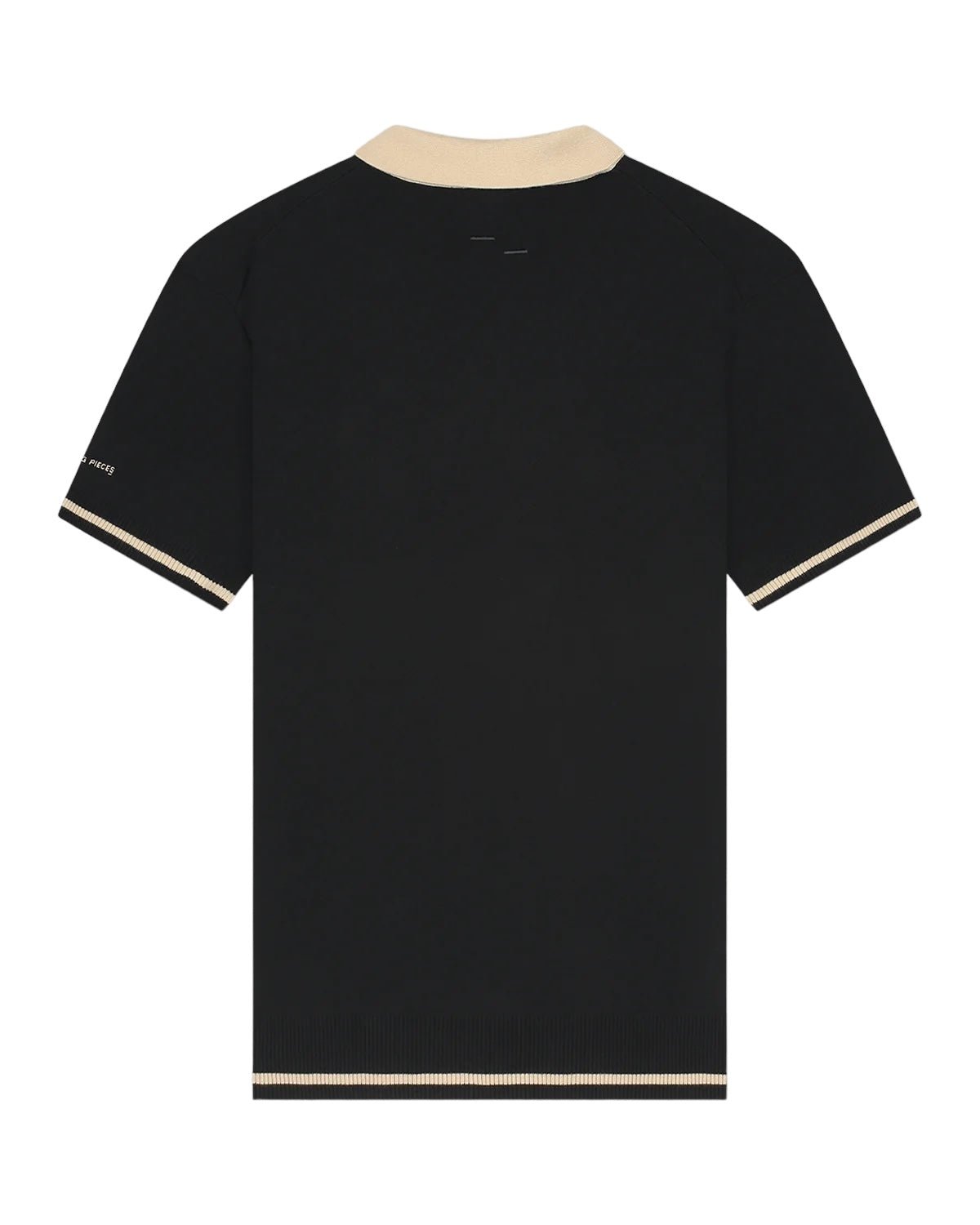 A black, short-sleeve FILLING PIECES KNIT POLO BLACK, featuring a beige collar and sleeve cuffs, with FP branded buttons, viewed from the back.