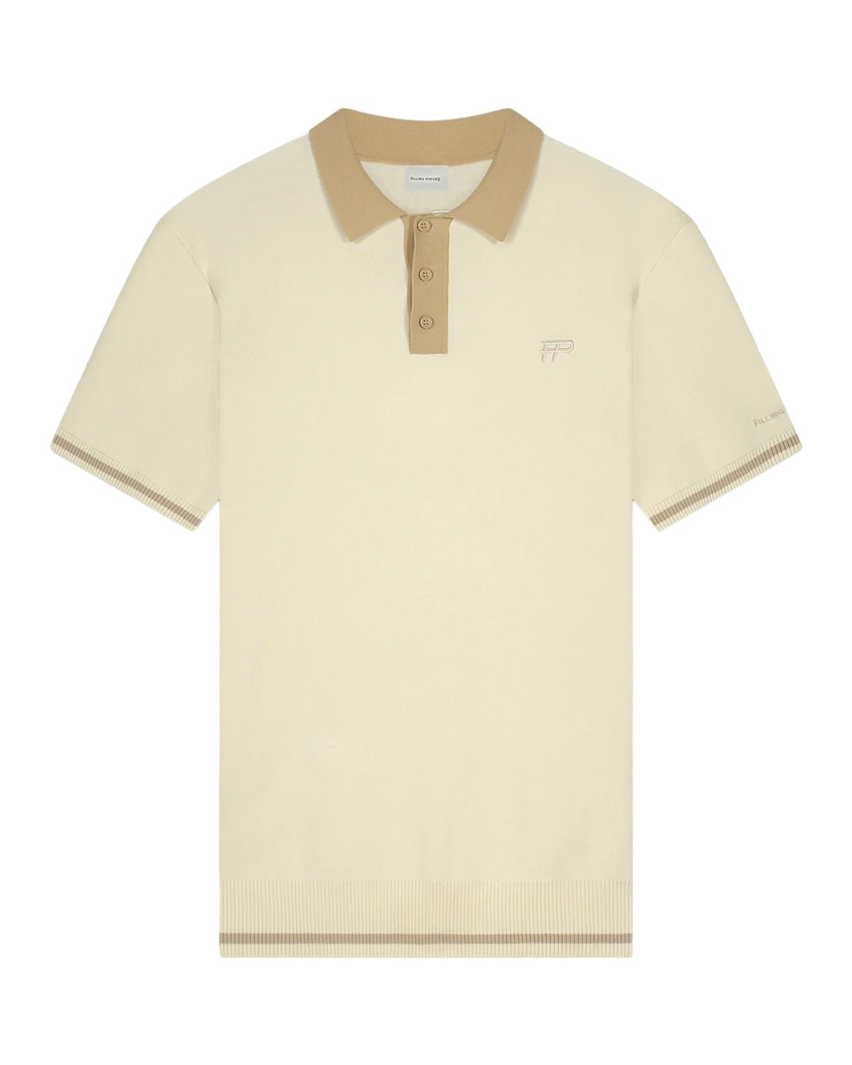 The FILLING PIECES KNIT POLO RICE BROWN by FILLING PIECES is a beige knit polo featuring a brown collar, short sleeves, and a three-button placket. It includes subtle embroidery on the chest and sleeve and is crafted from 100% cotton.