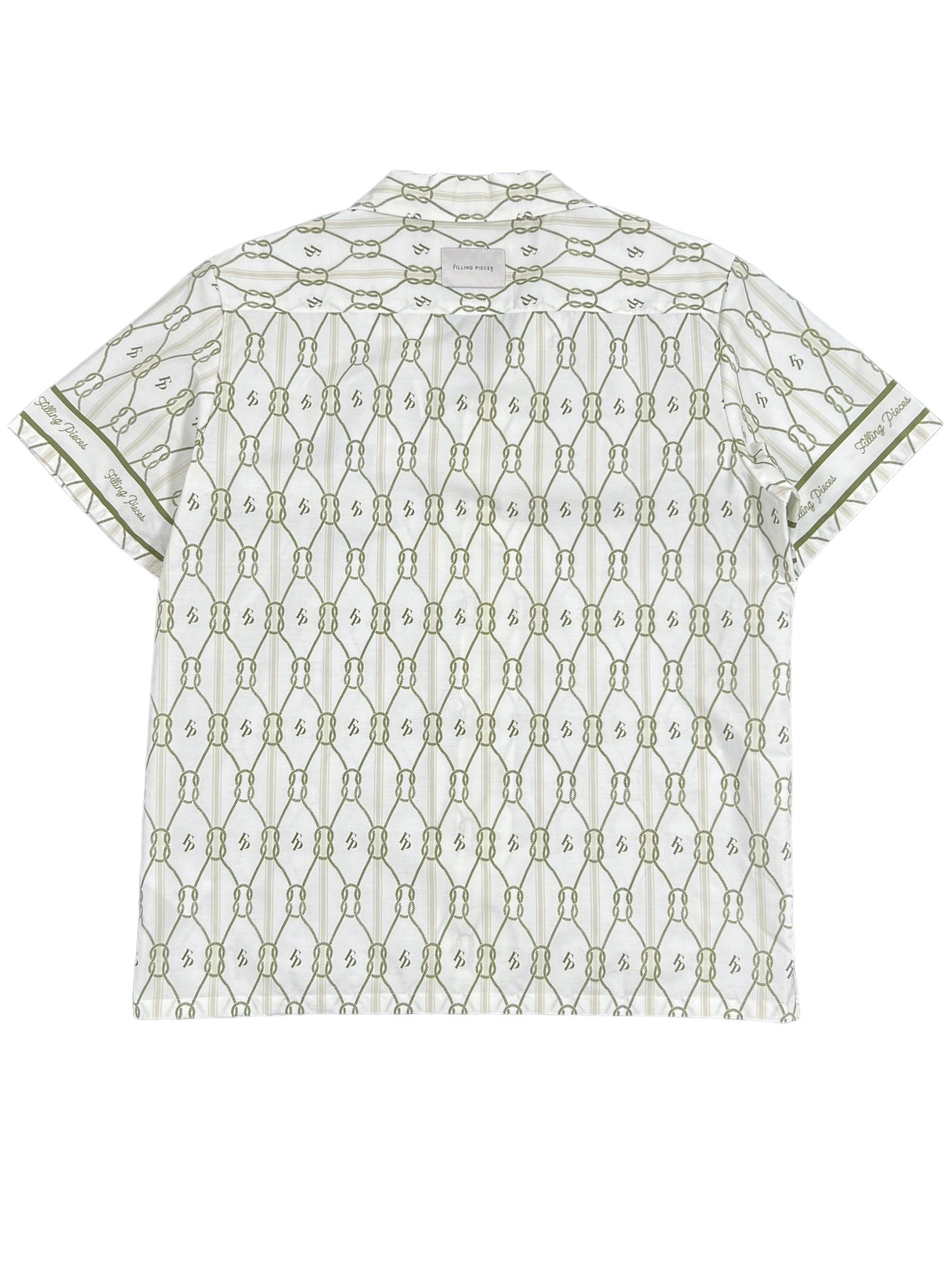 Green and white patterned FILLING PIECES RESORT MONOGRAM SHIRT displayed against a white background.