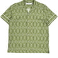 The Filling Pieces Resort Monogram Shirt Olive by FILLING PIECES is an olive green short-sleeve shirt made from 100% organic cotton, featuring a white geometric print throughout and a button-up front.